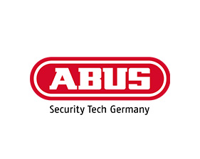 Weißer Schriftzug ABUS in einem roten Oval mit dem Text Security Tech Germany auf weißem Hintergrund.