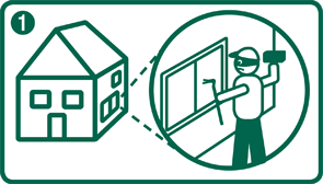 Illustration Einbruchversuch am Haus Grüne Illustration eines Hauses und einer Person mit Brecheisen an einem Fenster, markiert mit der Ziffer 1.