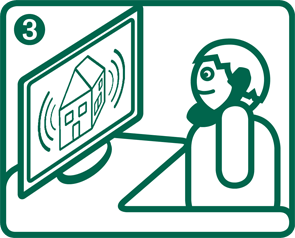Alarmaufschaltung Prozess Schritt 3 Stilisierte Person am Schreibtisch betrachtet einen Monitor mit einem Haus und Funksignalen; oben links steht die Ziffer 3.