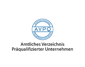 Blaues kreisförmiges Siegel mit der Abkürzung AVPQ und dem Text Amtliches Verzeichnis Präqualifizierter Unternehmen auf weißem Hintergrund.
