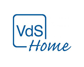 Blaues Logo mit dem Schriftzug VdS in einem Rahmen und dem Wort Home in Schreibschrift.