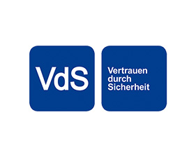 Zwei blaue Quadrate mit abgerundeten Ecken und weißem Text: VdS sowie Vertrauen durch Sicherheit.