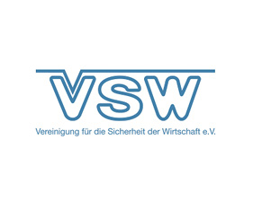 Blau umrandete Buchstaben VSW unter einer horizontalen Linie mit dem Text Vereinigung für die Sicherheit der Wirtschaft e.V.