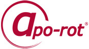 Roter Schriftzug apo-rot mit einem stilisierten Buchstaben a in einem offenen Kreis.