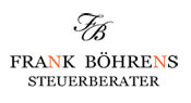 Schwarzes Monogramm FB über dem Schriftzug FRANK BÖHRENS STEUERBERATER mit orangefarbenen Akzenten auf weißem Grund.