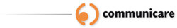 Schriftzug communicare neben einem orangefarbenen Symbol aus zwei Klammern und einem Punkt.