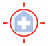 Hellblaues Haus-Symbol mit weißem Kreuz in einem roten Kreis mit vier kleinen Pfeilspitzen.