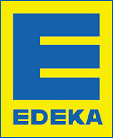 Ein großes blaues E über dem Schriftzug EDEKA auf gelbem Hintergrund.