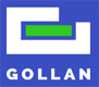Weißes Logo mit einem grünen Balken und dem Schriftzug GOLLAN auf blauem Hintergrund.