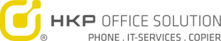 Gelbes Logo-Symbol mit dem Text HKP OFFICE SOLUTION und den Leistungsbereichen PHONE, IT-SERVICES sowie COPIER.