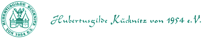 Grünes Logo und Schriftzug der Hubertusgilde Kücknitz von 1954 e.V. mit einem kreisförmigen Emblem, das ein Stadttor und ein Hirschgeweih zeigt.