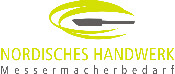 Logo mit dem Text NORDISCHES HANDWERK Messermacherbedarf und einer grauen Messerklinge in einem gelben Wirbel.