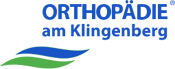 Schriftzug ORTHOPÄDIE am Klingenberg mit einer blauen und einer grünen geschwungenen Linie darunter.