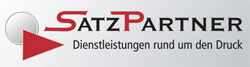 Schriftzug SATZPARTNER und Dienstleistungen rund um den Druck neben einem roten Dreieck und einem grauen Kreis.