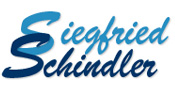 Blauer Schriftzug Siegfried Schindler mit einem stilisierten S-Symbol auf weißem Hintergrund.