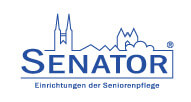 Blaues Logo mit dem Schriftzug SENATOR und Einrichtungen der Seniorenpflege unter einer stilisierten Stadtsilhouette.