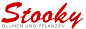 Roter geschwungener Schriftzug Stooky über dem grauen Text BLUMEN UND PFLANZEN auf weißem Hintergrund.