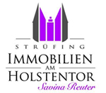Logo von Strüfing Immobilien am Holstentor mit einer lila-grauen Grafik des Holstentors und dem Namen Savina Reuter.