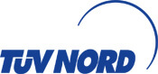 Blauer Schriftzug TÜV NORD mit einem geschwungenen blauen Bogen auf weißem Hintergrund.