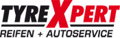 Schriftzug TYREXPERT in Schwarz und Rot mit dem Zusatz REIFEN + AUTOSERVICE unter einer horizontalen Linie.