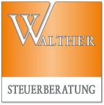 Logo mit dem Schriftzug WALTHER auf orangefarbenem Grund und dem Wort STEUERBERATUNG im unteren weißen Bereich.