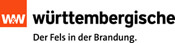Schriftzug württembergische mit dem Slogan Der Fels in der Brandung und einem roten Quadrat, das die Buchstaben W&W enthält.