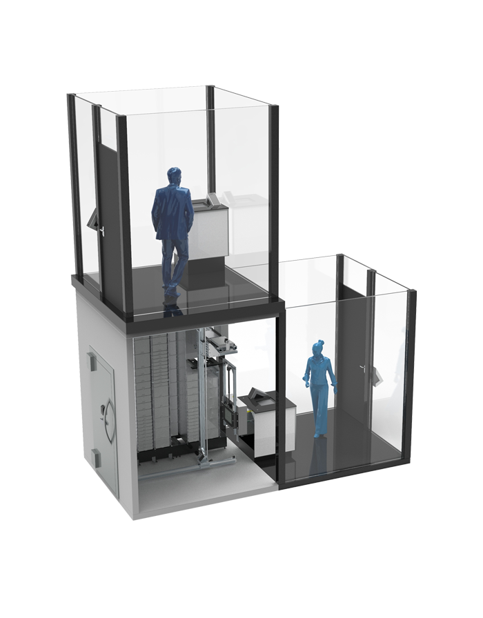 3D-Modell eines automatisierten Schließfachsystems mit gläsernen Kabinen, blauen Personensilhouetten und einem Tresorraum mit Schließfächern.