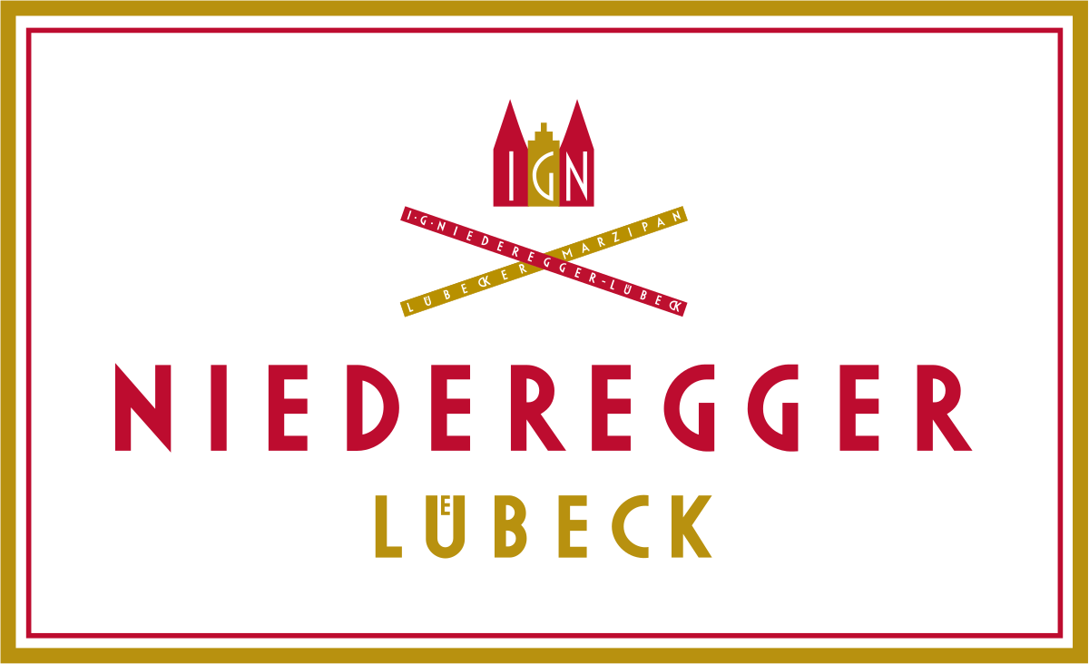 Roter und goldener Schriftzug mit einem Stadttor-Symbol und gekreuzten Balken innerhalb eines rechteckigen Rahmens.
