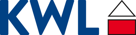 Dunkelblauer Schriftzug KWL neben einem grafischen Haus-Symbol mit weißem Dach und rotem Fundament.