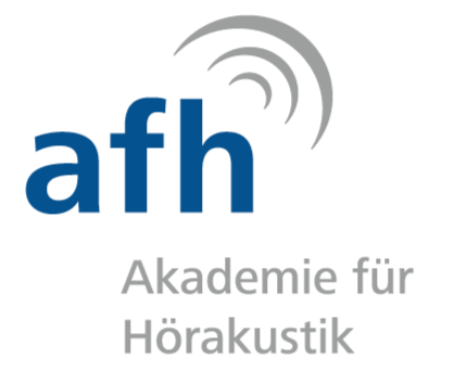 Blaues Kürzel afh mit drei grauen Schallwellen darüber und dem Schriftzug Akademie für Hörakustik in Grau darunter.