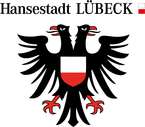 Schwarzer Doppeladler mit rot-weißem Brustschild und dem Text Hansestadt LÜBECK.