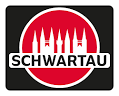 Roter Kreis mit weißen Turmsilhouetten und dem Schriftzug SCHWARTAU auf schwarzem Hintergrund.