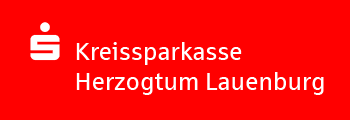 Weißes Sparkassen-Symbol und der Schriftzug Kreissparkasse Herzogtum Lauenburg auf rotem Hintergrund.
