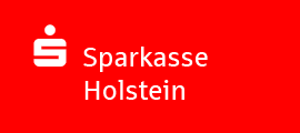Weißes Symbol und der Text Sparkasse Holstein auf einem roten Hintergrund.