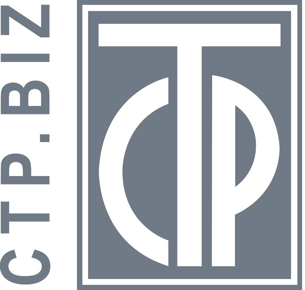 Graues Logo mit vertikalem Schriftzug CTP.BIZ und einer grafischen Darstellung der Buchstaben C, T und P in einem rechteckigen Rahmen.
