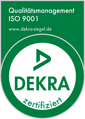 Grünes Zertifikatssiegel für Qualitätsmanagement ISO 9001 mit dem DEKRA-Logo und dem Schriftzug zertifiziert.