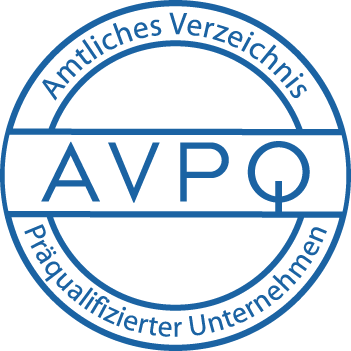 Blaues kreisförmiges Siegel mit dem Text AVPQ in der Mitte sowie Amtliches Verzeichnis und Präqualifizierter Unternehmen im Rand.