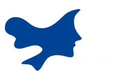 Eine abstrakte, blaue Silhouette auf weißem Hintergrund, die an einen Vogel oder ein menschliches Profil erinnert.