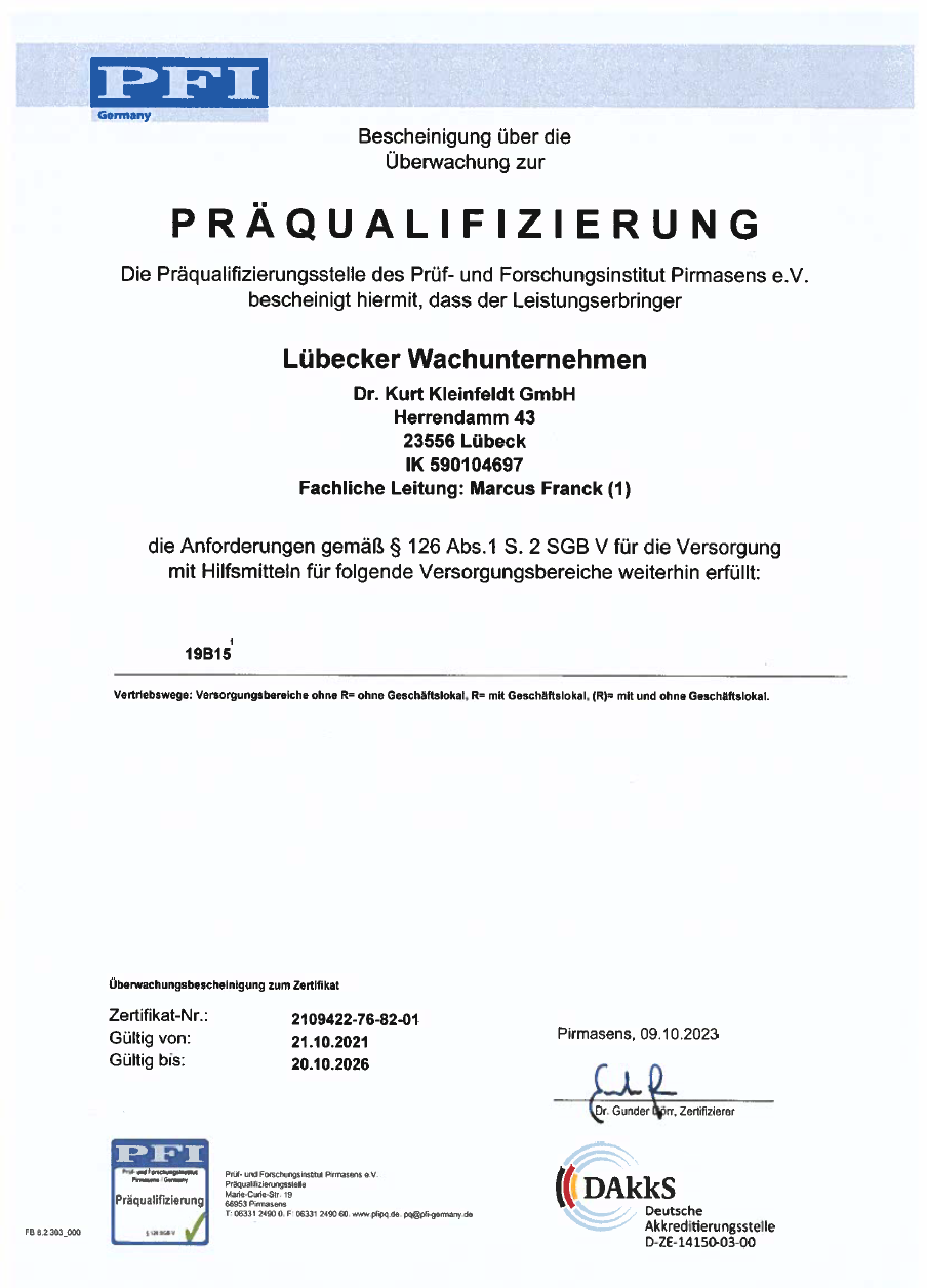 Offizielles Dokument zur Präqualifizierung des Lübecker Wachunternehmens Dr. Kurt Kleinfeldt GmbH mit Logos von PFI Germany und DAkkS.