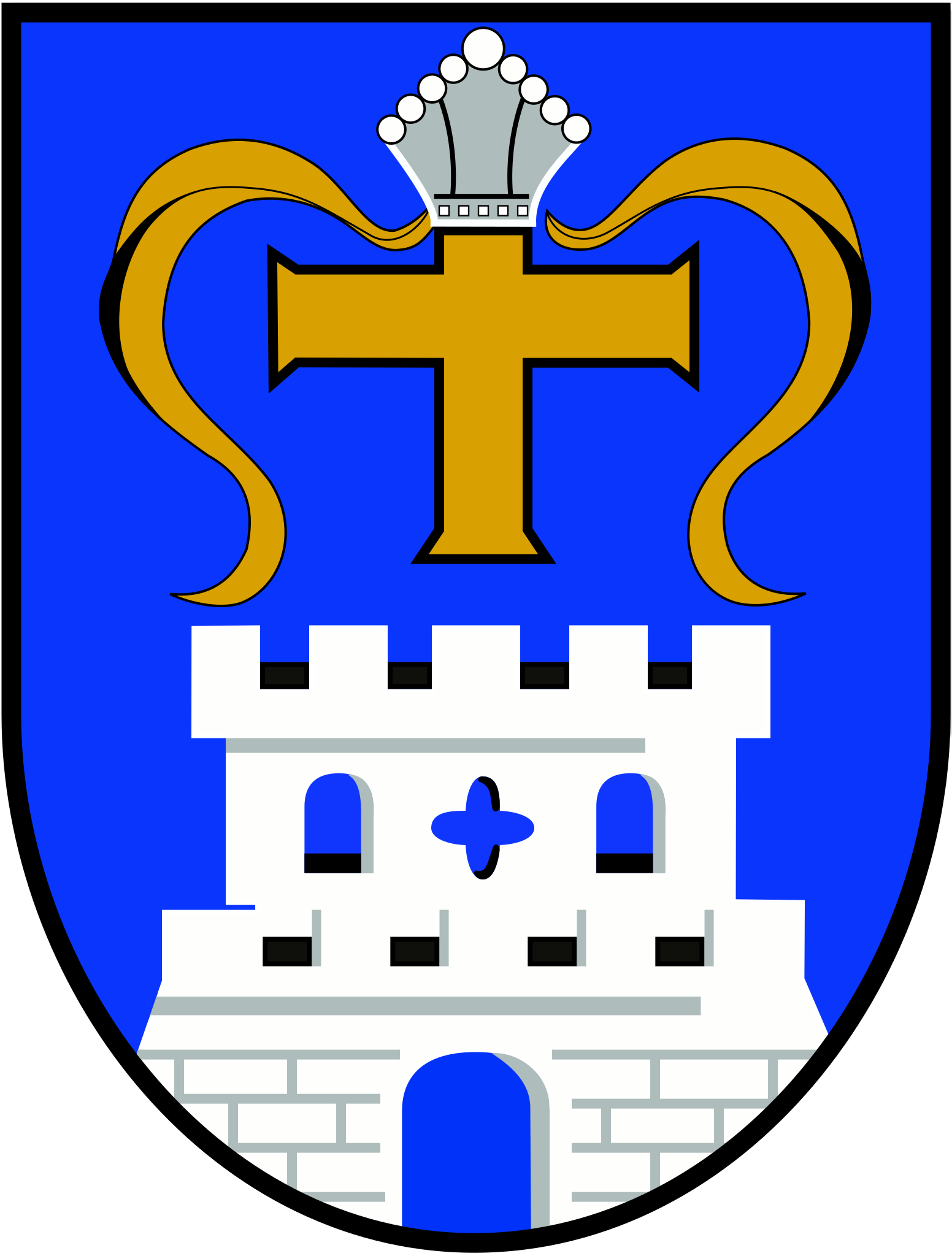 Blaues Wappenschild mit einem goldenen Kreuz, einer silbernen Bischofsmütze und einem weißen Zinnenturm.