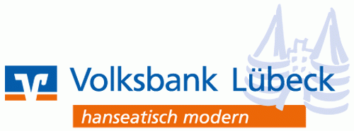 Logo der Volksbank Lübeck mit dem Schriftzug hanseatisch modern und einer stilisierten Illustration des Holstentors.