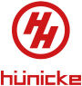 Rotes kreisförmiges Logo mit zwei schrägen Buchstaben H und dem darunter stehenden Schriftzug hünicke.