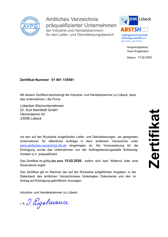 Ein Dokument mit dem Titel Zertifikat, verschiedenen Logos am oberen Rand, Adressdaten eines Unternehmens und einer Unterschrift im unteren Bereich.