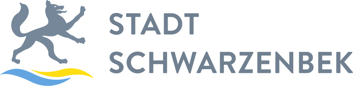 Logo mit einem springenden Wolf über einer blauen und gelben Welle sowie dem Text STADT SCHWARZENBEK.