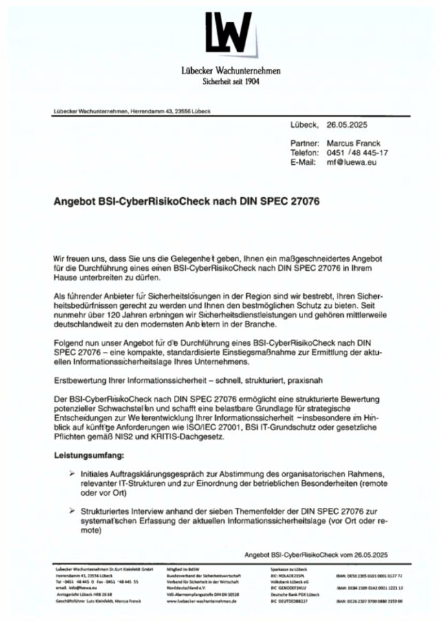 Schriftliches Dokument mit dem Logo des Lübecker Wachunternehmens und der Überschrift Angebot BSI-CyberRisikoCheck nach DIN SPEC 27076.