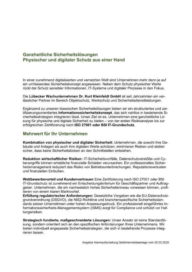 Dokument mit der Überschrift „Ganzheitliche Sicherheitslösungen – Physischer und digitaler Schutz aus einer Hand“.